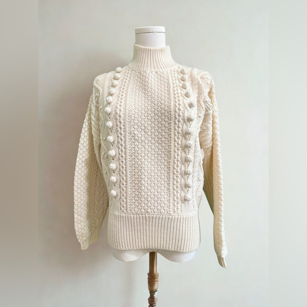 Sezane Ivory Cable & Bobble Turtleneck Sweater